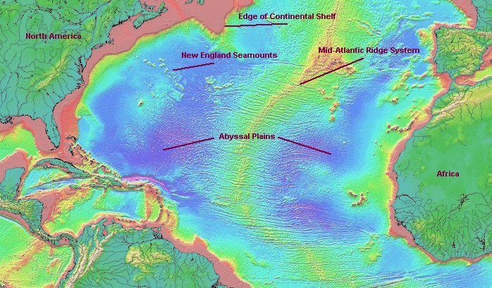 Relief map of Atlantic ocean sea floor